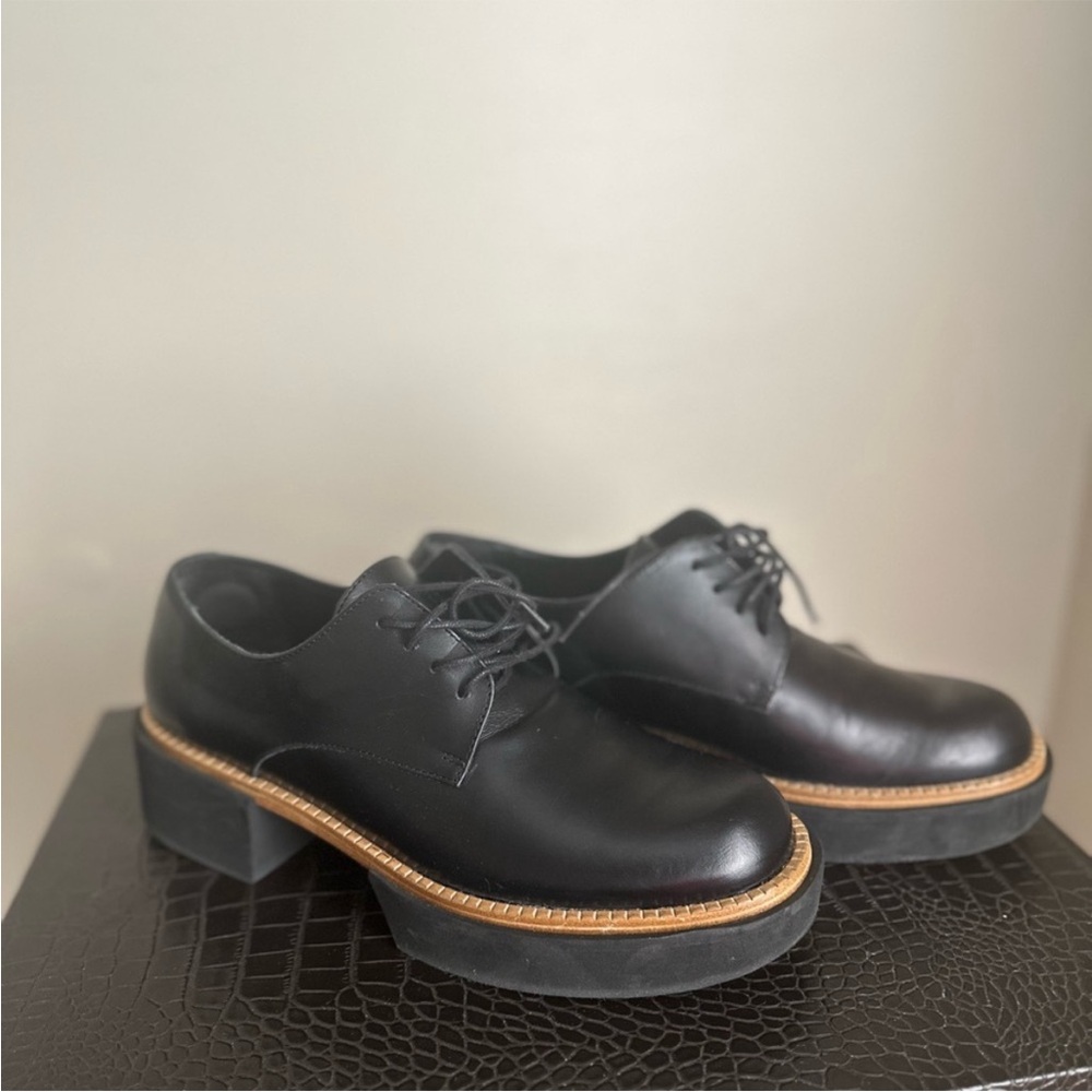 Paloma Barcelo Black Leather Oxfords with Tan Sole